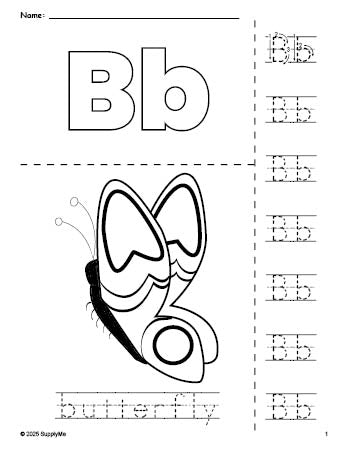 Free printable butterfly coloring page and letter tracing worksheet, letter b worksheet for preschool, pre-k, and kindergarten, PDF