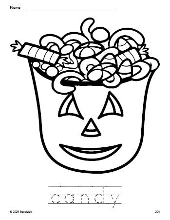 FREE Printable Candy Halloween Coloring Page and Word Tracing Worksheet ...