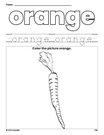 Free carrot color orange coloring page and color worksheet, orange worksheet for preschoolers to learn colors, printable PDF