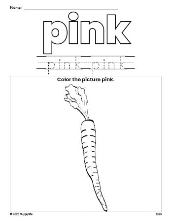 Free carrot color pink coloring page and color worksheet, pink worksheet for preschoolers to learn colors, printable PDF