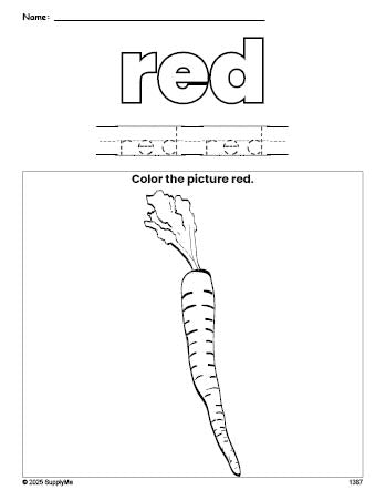 Free carrot color red coloring page and color worksheet, red worksheet for preschoolers to learn colors, printable PDF