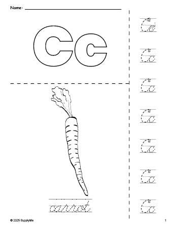 Free printable carrot coloring page and cursive letter tracing worksheet, letter c worksheet for preschool, pre-k, and kindergarten, PDF