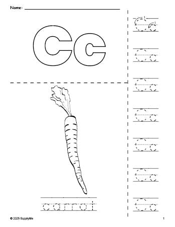 Free printable carrot coloring page and letter tracing worksheet, letter c worksheet for preschool, pre-k, and kindergarten, PDF
