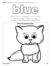 Free cat color blue coloring page and color worksheet, blue worksheet for preschoolers to learn colors, printable PDF