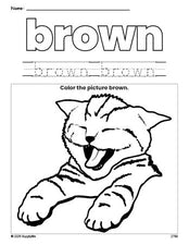 Free cat color brown coloring page and color worksheet, brown worksheet for preschoolers to learn colors, printable PDF