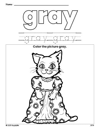 Free cat color gray coloring page and color worksheet, gray worksheet for preschoolers to learn colors, printable PDF