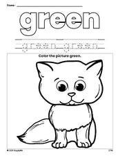 Free cat color green coloring page and color worksheet, green worksheet for preschoolers to learn colors, printable PDF