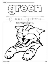 Free cat color green coloring page and color worksheet, green worksheet for preschoolers to learn colors, printable PDF