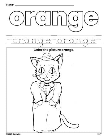 Free cat color orange coloring page and color worksheet, orange worksheet for preschoolers to learn colors, printable PDF