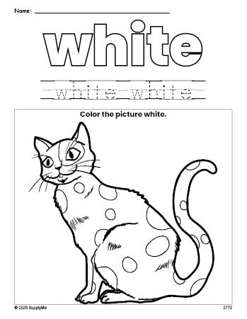 Free cat color white coloring page and color worksheet, white worksheet for preschoolers to learn colors, printable PDF