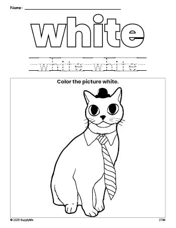 Free cat color white coloring page and color worksheet, white worksheet for preschoolers to learn colors, printable PDF