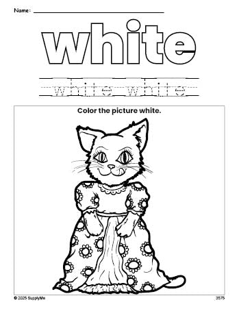 Free cat color white coloring page and color worksheet, white worksheet for preschoolers to learn colors, printable PDF