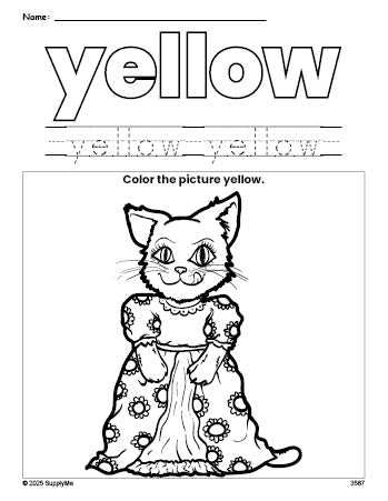 Free cat color yellow coloring page and color worksheet, yellow worksheet for preschoolers to learn colors, printable PDF