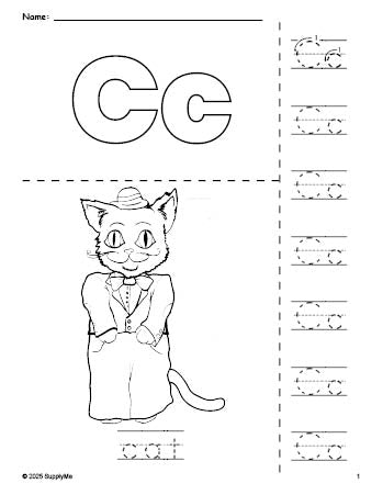 Free printable cat coloring page and letter tracing worksheet, letter c worksheet for preschool, pre-k, and kindergarten, PDF
