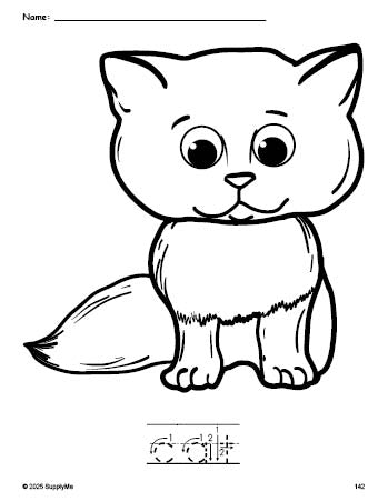 Free printable cat coloring page and word tracing worksheet, letter formation guides, perfect for preschool, pre-k, and kindergarten, PDF