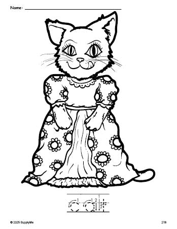 Free printable cat coloring page and word tracing worksheet, letter formation guides, perfect for preschool, pre-k, and kindergarten, PDF