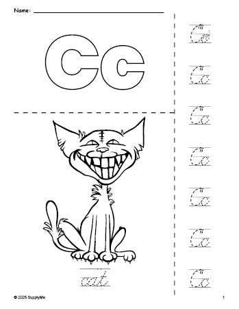 Free printable cat Halloween coloring page and cursive letter tracing worksheet, letter c worksheet for preschool, pre-k, and kindergarten, PDF