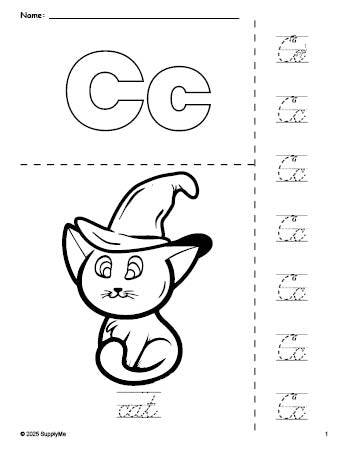 Free printable cat Halloween coloring page and cursive letter tracing worksheet, letter c worksheet for preschool, pre-k, and kindergarten, PDF