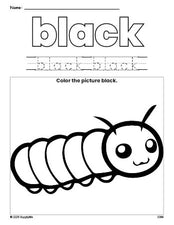 Free caterpillar color black coloring page and color worksheet, black worksheet for preschoolers to learn colors, printable PDF
