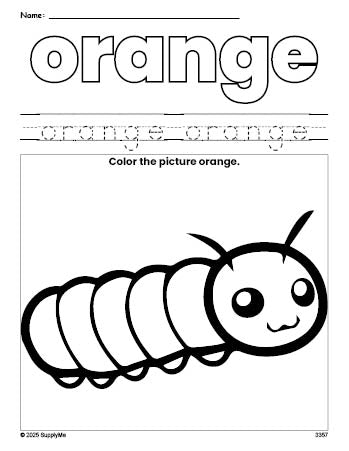 Free caterpillar color orange coloring page and color worksheet, orange worksheet for preschoolers to learn colors, printable PDF