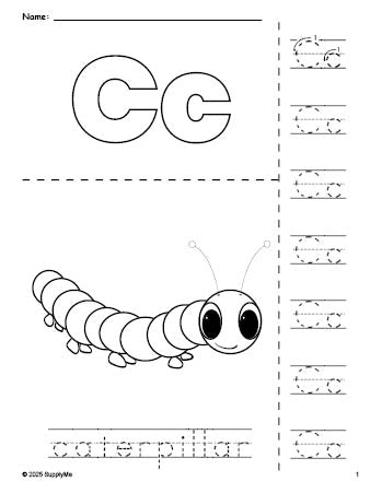 Free printable caterpillar coloring page and letter tracing worksheet, letter c worksheet for preschool, pre-k, and kindergarten, PDF
