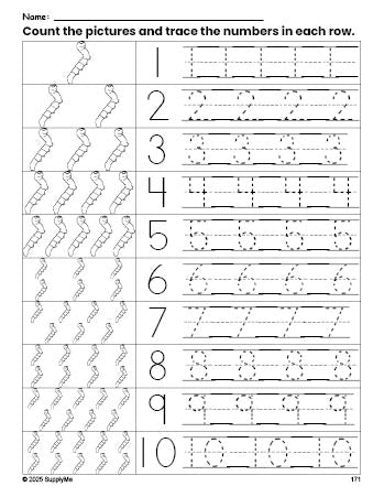 Free printable caterpillar counting worksheet for preschool and pre-k with number tracing practice 1-10, PDF
