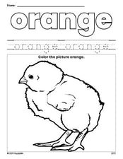Free chick color orange coloring page and color worksheet, orange worksheet for preschoolers to learn colors, printable PDF