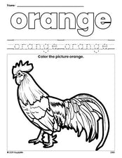 Free chicken color orange coloring page and color worksheet, orange worksheet for preschoolers to learn colors, printable PDF