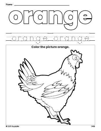 Free chicken color orange coloring page and color worksheet, orange worksheet for preschoolers to learn colors, printable PDF