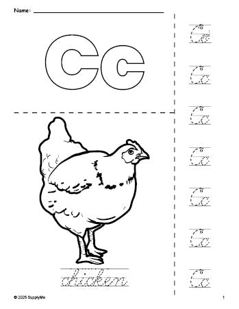 FREE Printable Chicken Coloring Page and Cursive Letter Tracing ...