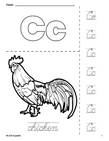 Free printable chicken coloring page and cursive letter tracing worksheet, letter c worksheet for preschool, pre-k, and kindergarten, PDF