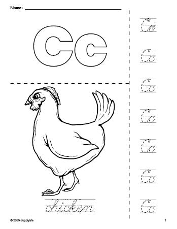 Free printable chicken coloring page and cursive letter tracing worksheet, letter c worksheet for preschool, pre-k, and kindergarten, PDF