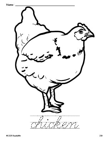 Chicken In Cursive FREE Printable Chicken Coloring Page and Cursive Word Tracing Worksheet ...