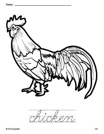 Chicken In Cursive FREE Printable Chicken Coloring Page and Cursive Word Tracing Worksheet ...