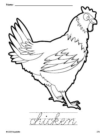Chicken In Cursive FREE Printable Chicken Coloring Page and Cursive Word Tracing Worksheet ...