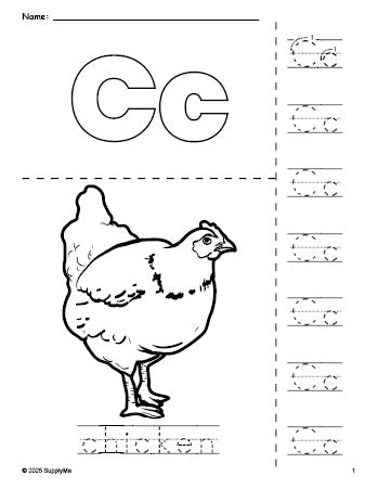 Free printable chicken coloring page and letter tracing worksheet, letter c worksheet for preschool, pre-k, and kindergarten, PDF