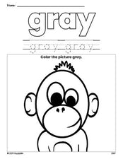 Free chimpanzee color gray coloring page and color worksheet, gray worksheet for preschoolers to learn colors, printable PDF