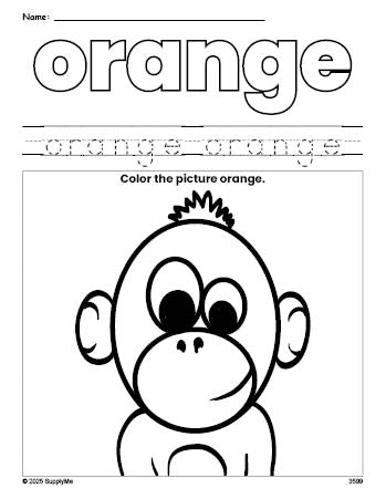 Free chimpanzee color orange coloring page and color worksheet, orange worksheet for preschoolers to learn colors, printable PDF