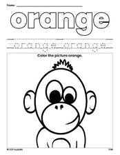 Free chimpanzee color orange coloring page and color worksheet, orange worksheet for preschoolers to learn colors, printable PDF