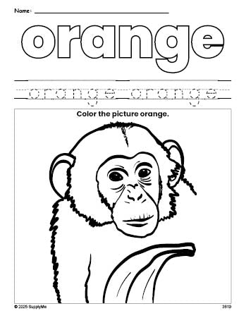 Free chimpanzee color orange coloring page and color worksheet, orange worksheet for preschoolers to learn colors, printable PDF