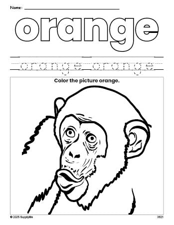 Free chimpanzee color orange coloring page and color worksheet, orange worksheet for preschoolers to learn colors, printable PDF