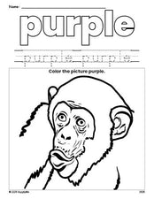 Free chimpanzee color purple coloring page and color worksheet, purple worksheet for preschoolers to learn colors, printable PDF