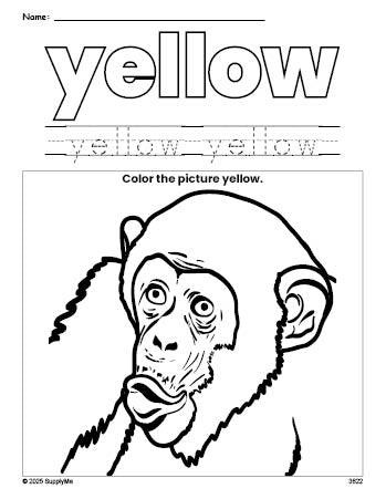 Free chimpanzee color yellow coloring page and color worksheet, yellow worksheet for preschoolers to learn colors, printable PDF