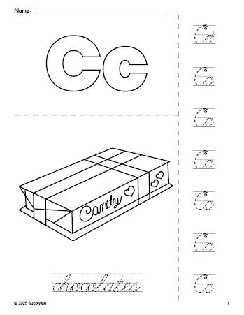 Free printable chocolates Valentine's Day coloring page and cursive letter tracing worksheet, letter c worksheet for preschool, pre-k, and kindergarten, PDF