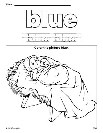 Free Christmas Baby Jesus color blue coloring page and color worksheet, blue worksheet for preschoolers to learn colors, printable PDF