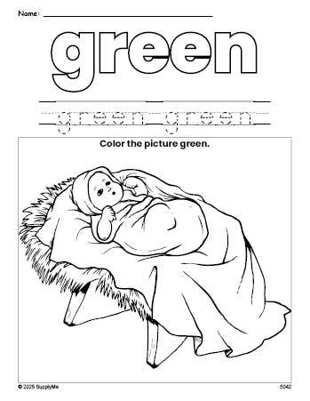 Free Christmas Baby Jesus color green coloring page and color worksheet, green worksheet for preschoolers to learn colors, printable PDF