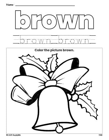 Free Christmas bell color brown coloring page and color worksheet, brown worksheet for preschoolers to learn colors, printable PDF