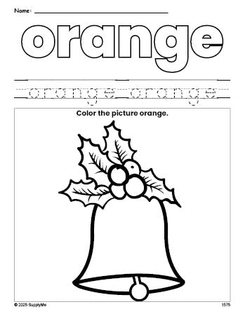 Free Christmas bell color orange coloring page and color worksheet, orange worksheet for preschoolers to learn colors, printable PDF