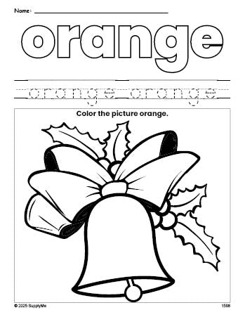 Free Christmas bell color orange coloring page and color worksheet, orange worksheet for preschoolers to learn colors, printable PDF