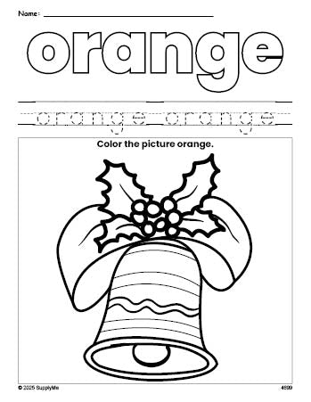 Free Christmas bell color orange coloring page and color worksheet, orange worksheet for preschoolers to learn colors, printable PDF